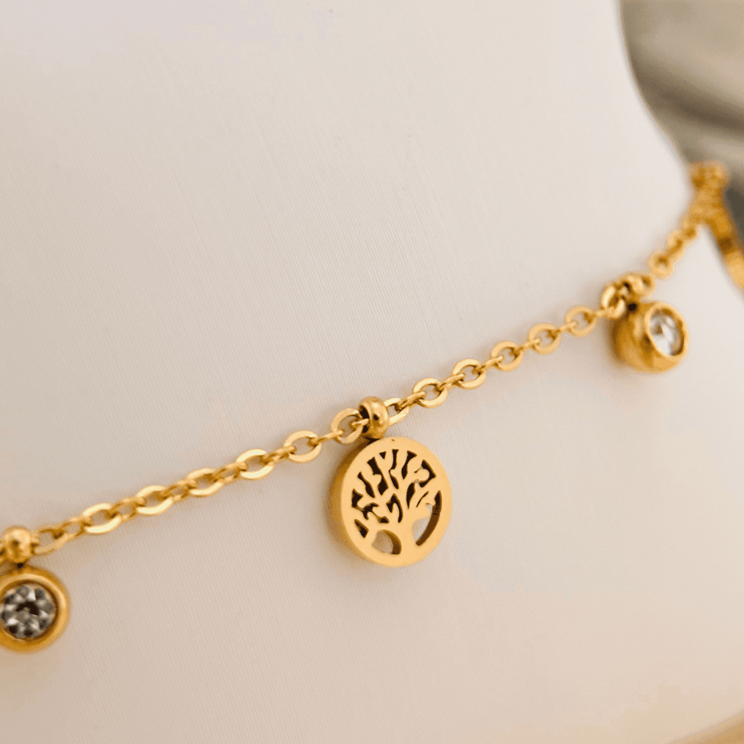 Tree of Life gold necklace or bracelet with zircon accents, waterproof and tarnish-resistant.