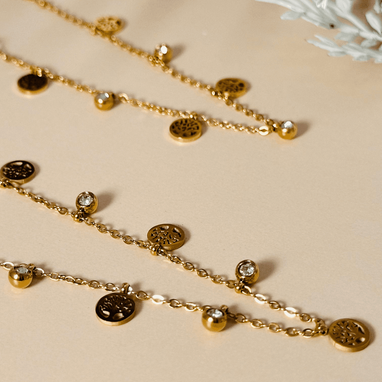 Tree of Life gold necklace or bracelet with zircon accents, waterproof and tarnish-resistant.