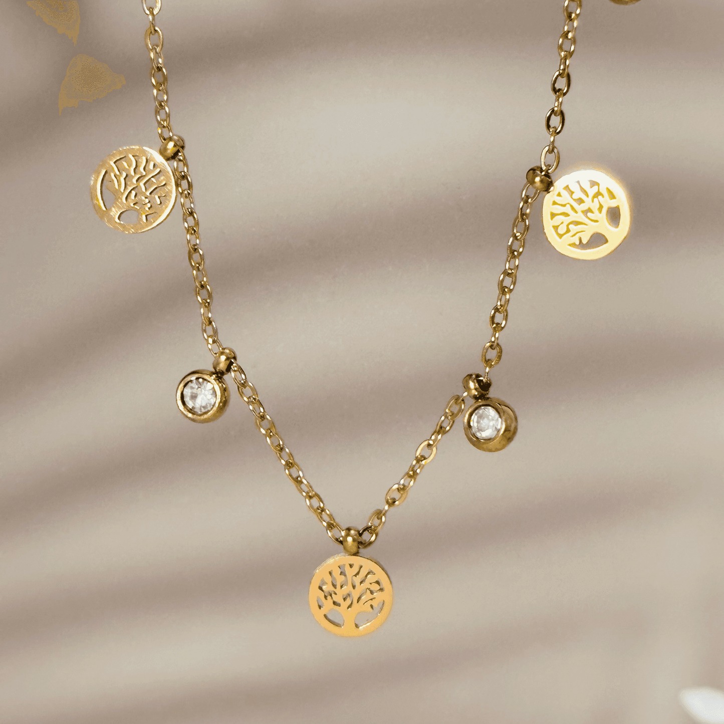 Tree of Life gold necklace or bracelet with zircon accents, waterproof and tarnish-resistant.