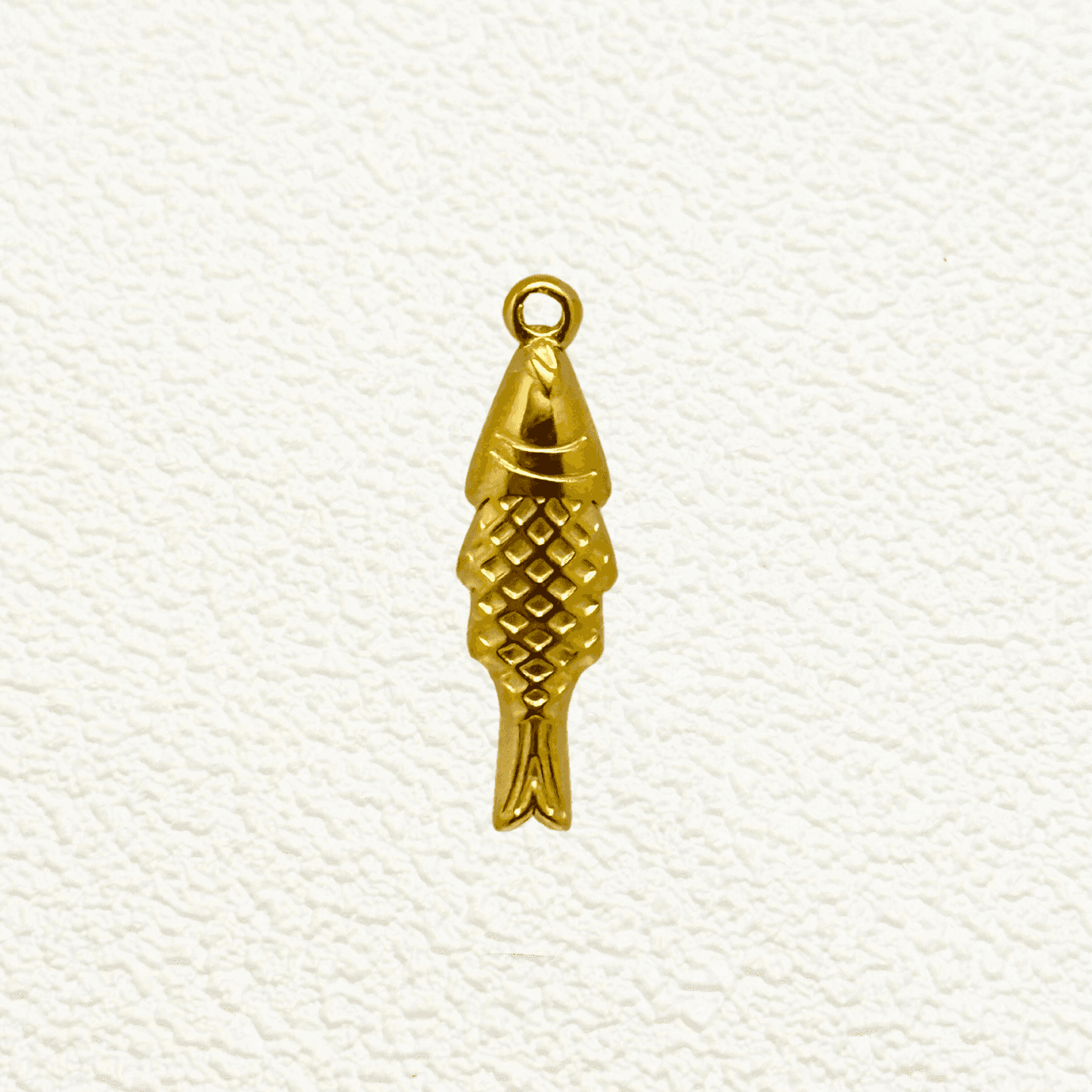 Gold vertical fish charm with diamond scale texture and detailed tail