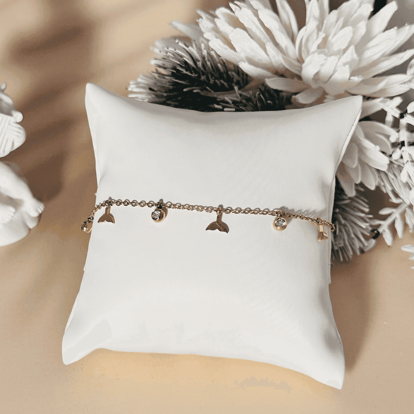 Gold whale tail charm necklace or bracelet with zircon stones, waterproof and tarnish-resistant.