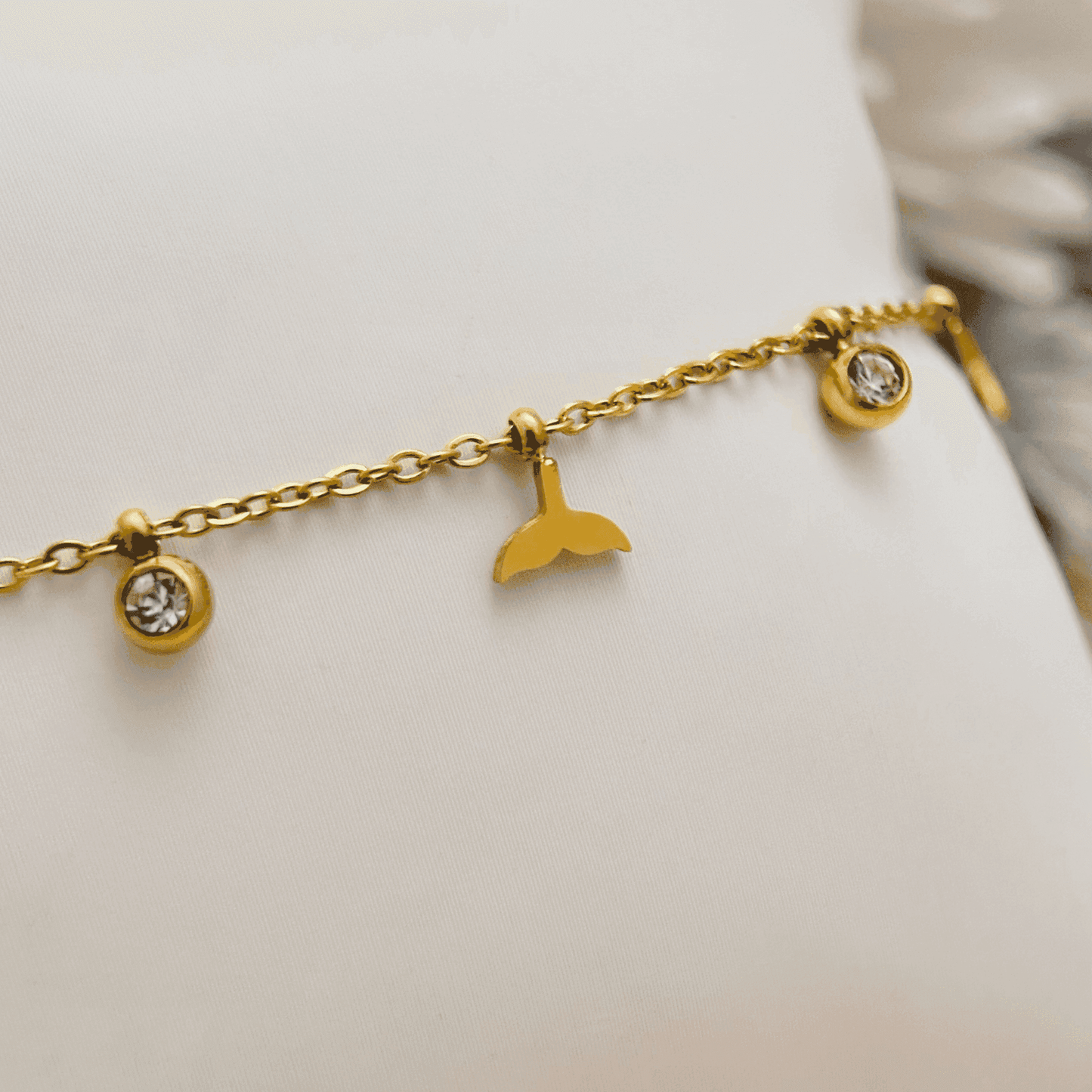 Gold whale tail charm necklace or bracelet with zircon stones, waterproof and tarnish-resistant.