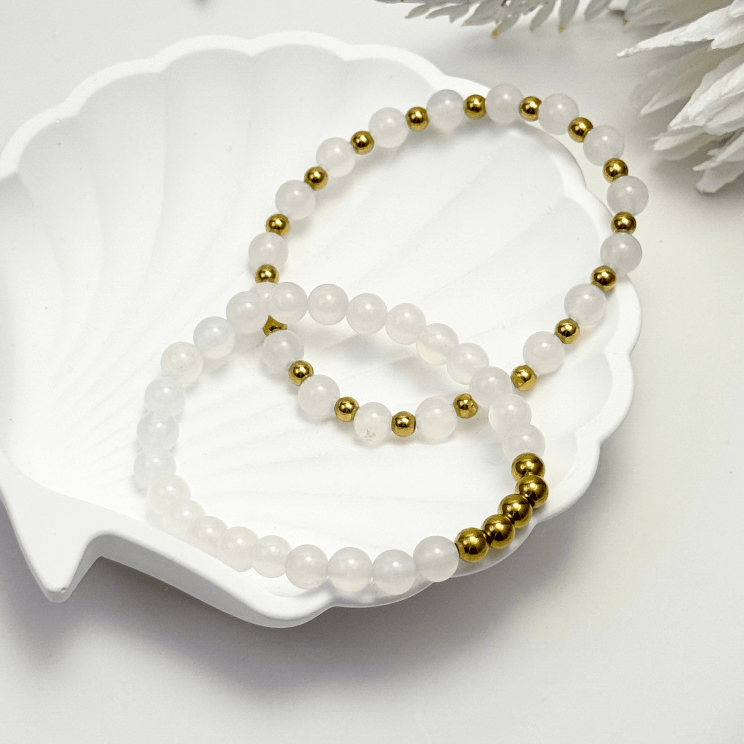 handmade white agate stretch bracelet set with gold accents – natural crystal jewellery