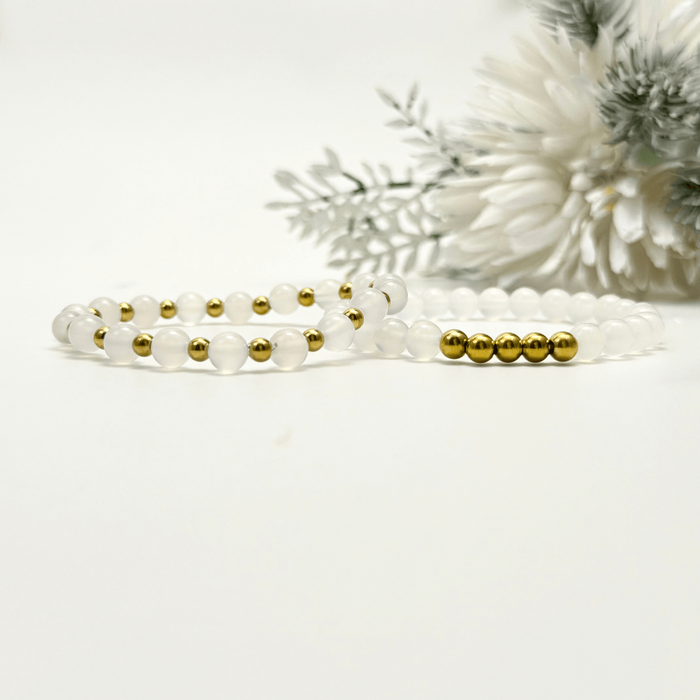 handmade white agate stretch bracelet set with gold accents – natural crystal jewellery