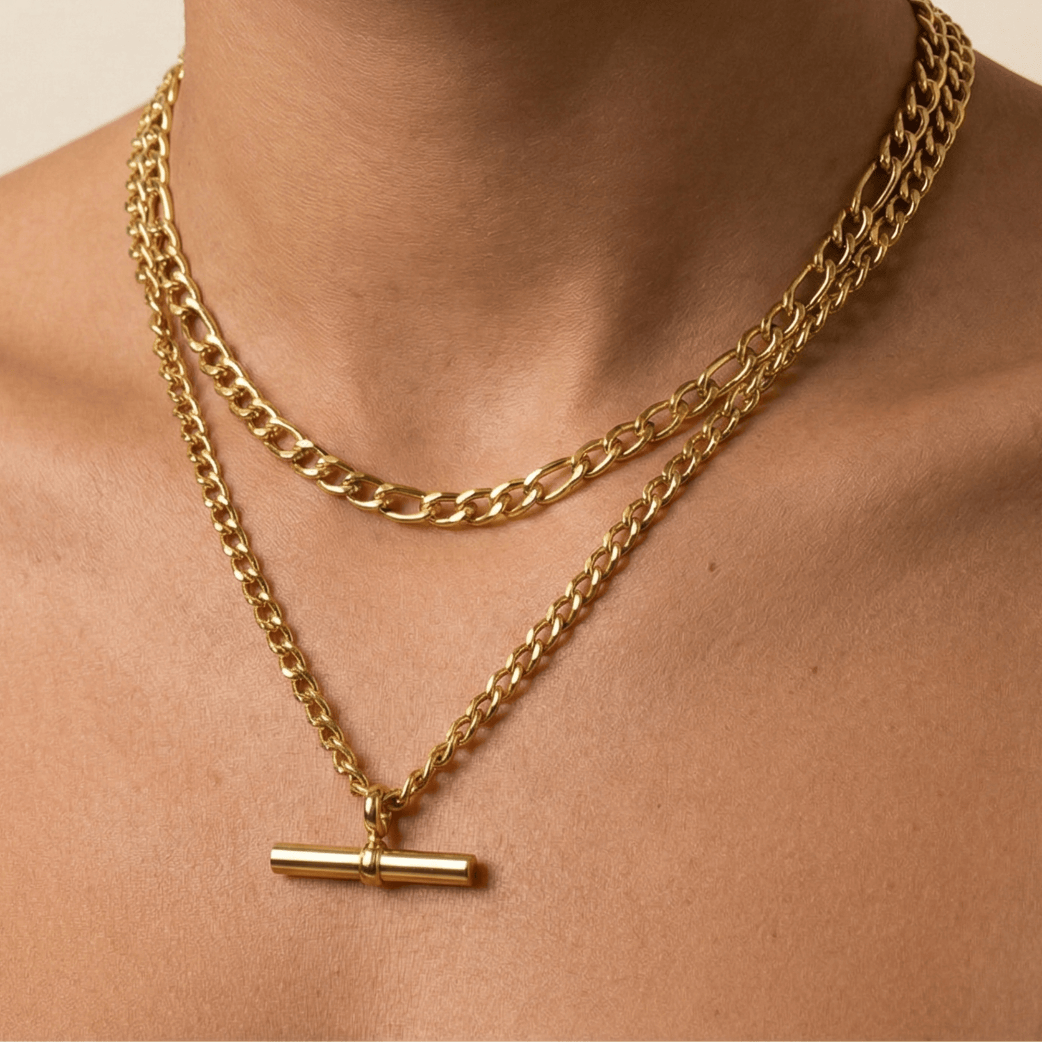 MXW layered gold necklaces — herringbone, beaded, chunky link, compass pendant, waterproof jewellery.