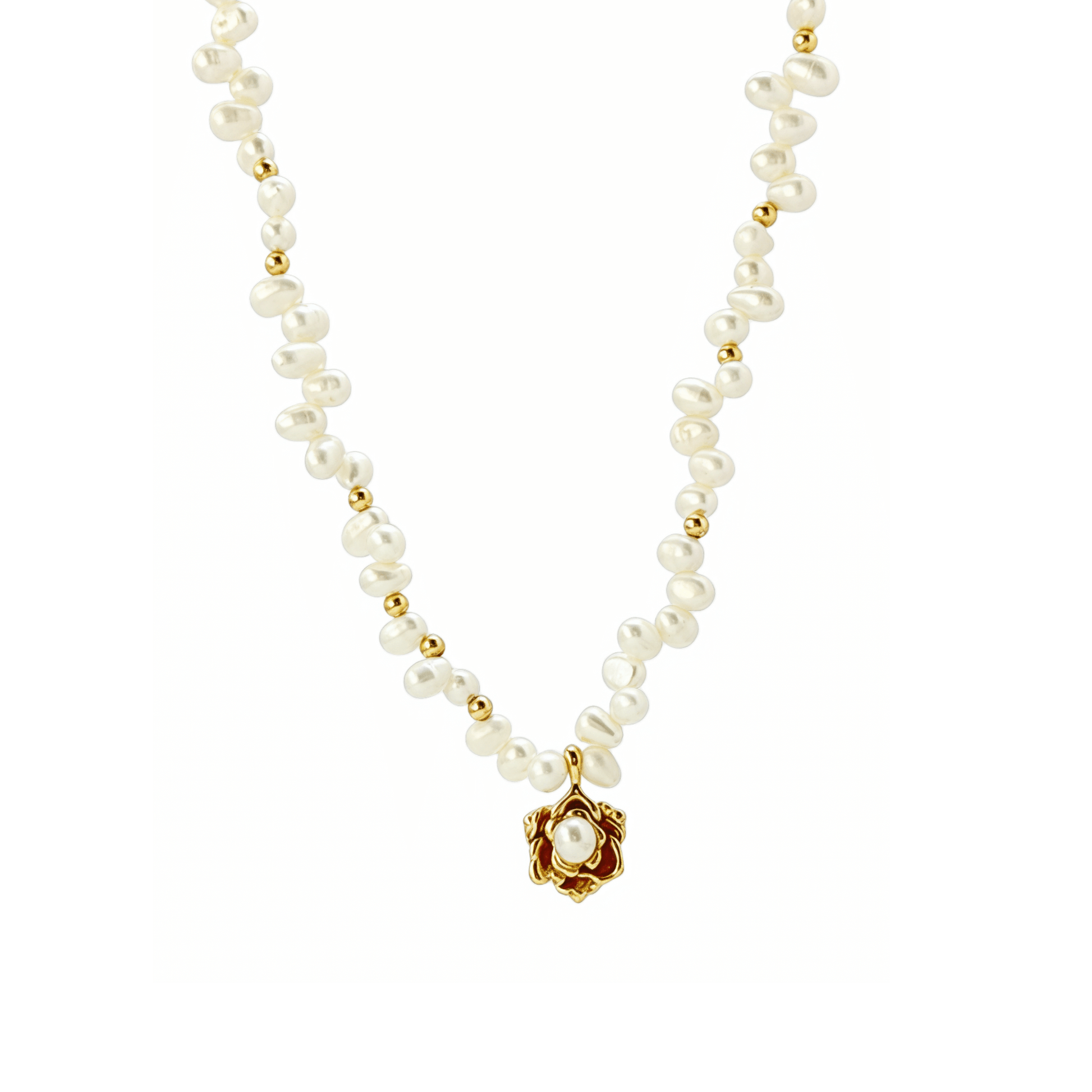 Elegant Camellia pearl necklace featuring natural baroque pearls and a sculpted gold bloom design