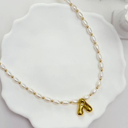 Freshwater Pearl Gold Bubble Initial Necklace – MXW Jewellery