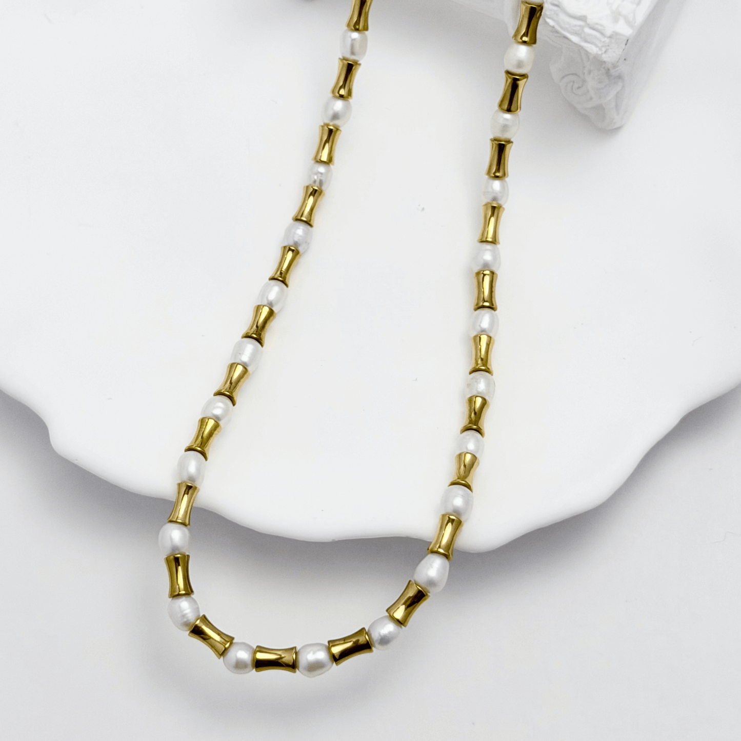Gold Bamboo Bead & Pearl Necklace – MXW Jewellery