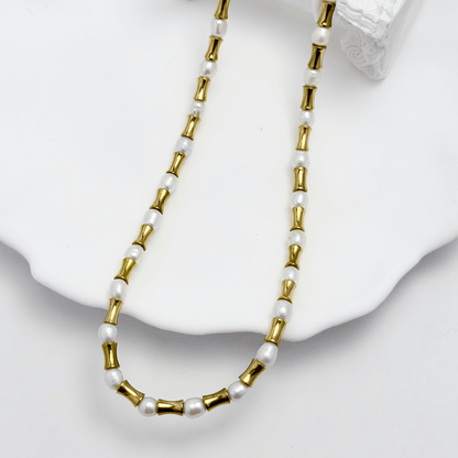 Gold Bamboo Bead & Pearl Necklace – MXW Jewellery