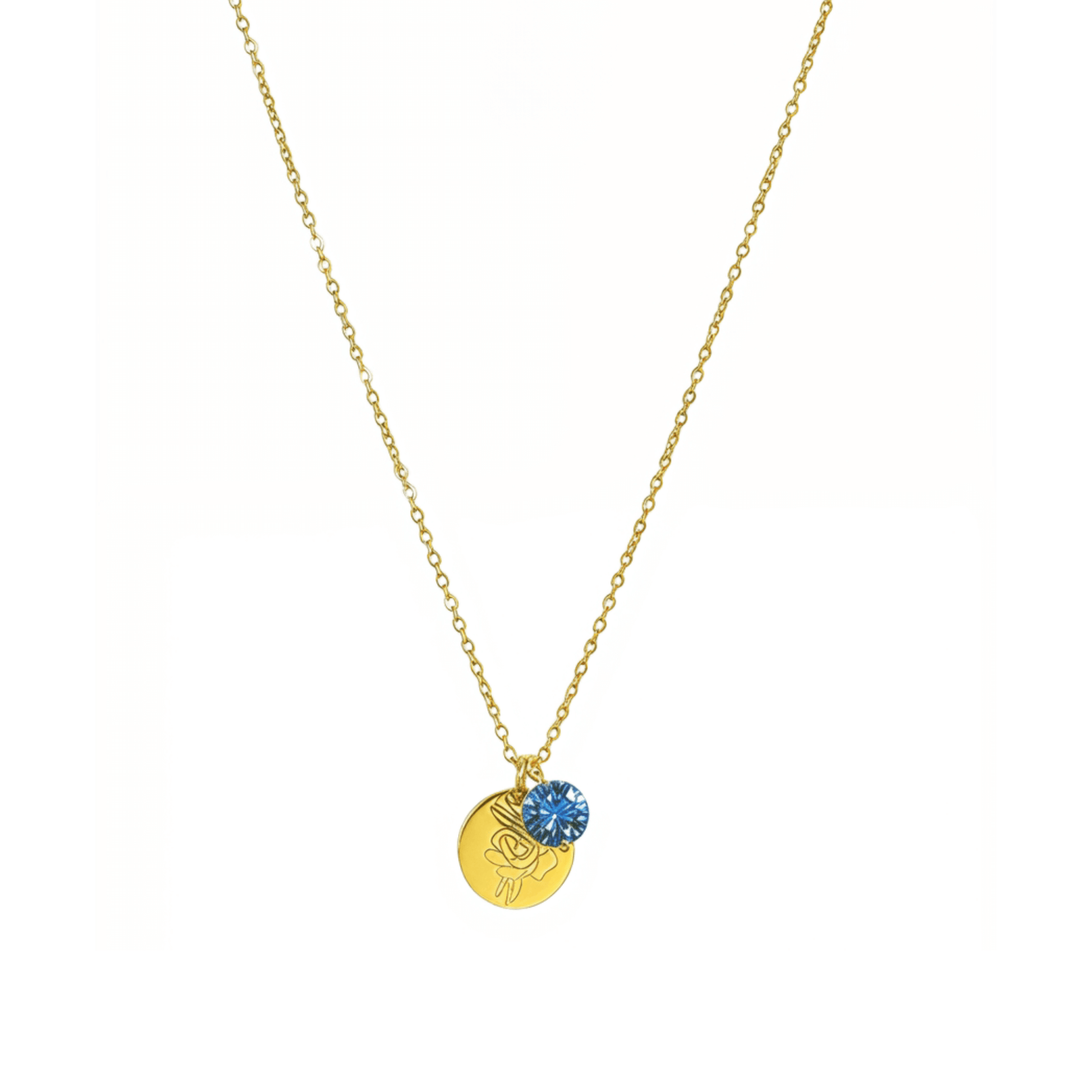 gold birth month necklace with blue crystal and engraved flower pendant