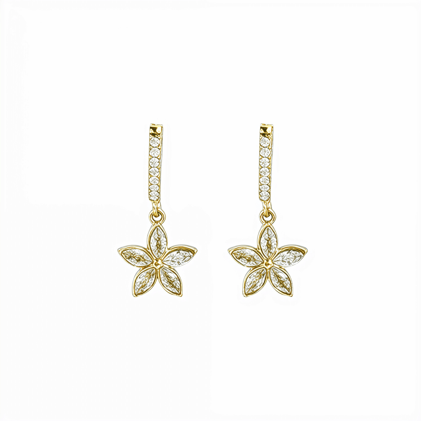 Gold huggie earrings featuring a crystal-lined hoop and a five-petalled flower charm by MXW Jewellery, displayed on a white textured surface.