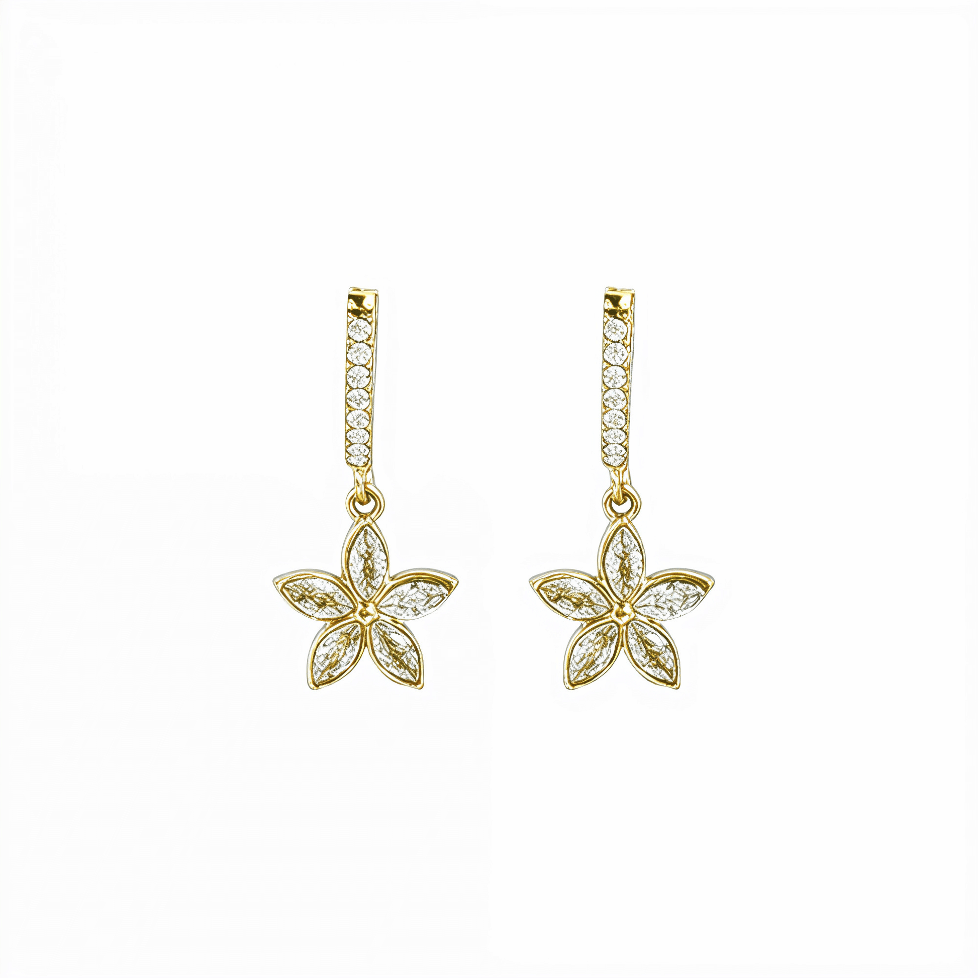 Gold huggie earrings featuring a crystal-lined hoop and a five-petalled flower charm by MXW Jewellery, displayed on a white textured surface.