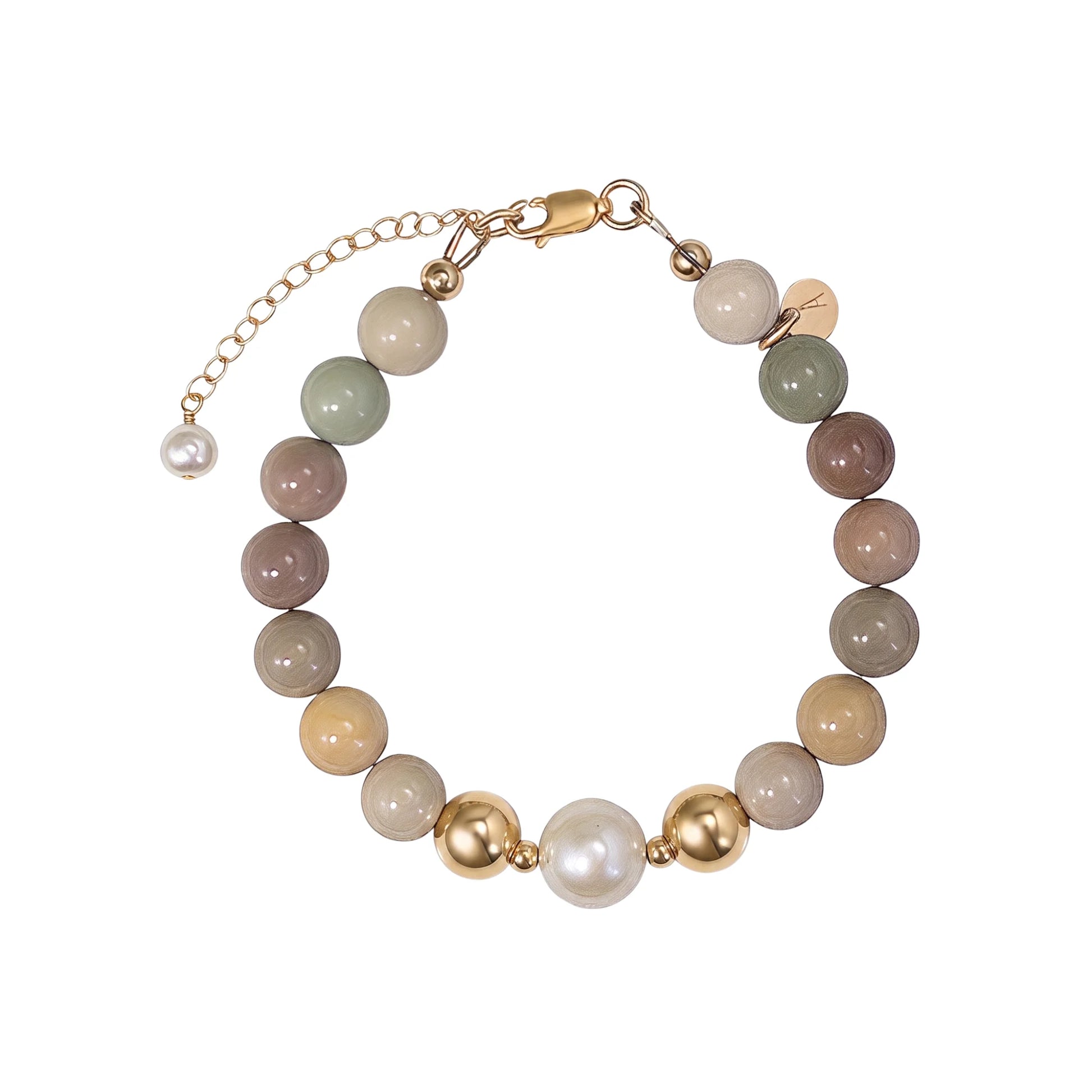 MXW Jewellery Personalised Alashan agate bracelet with freshwater pearl, gold-filled beads and a stamped initial disc.