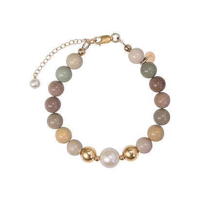 MXW Jewellery Personalised Alashan agate bracelet with freshwater pearl, gold-filled beads and a stamped initial disc.