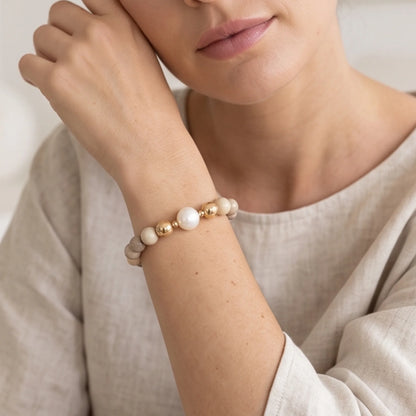 MXW Jewellery Personalised Alashan agate bracelet with freshwater pearl, gold-filled beads and a stamped initial disc.
