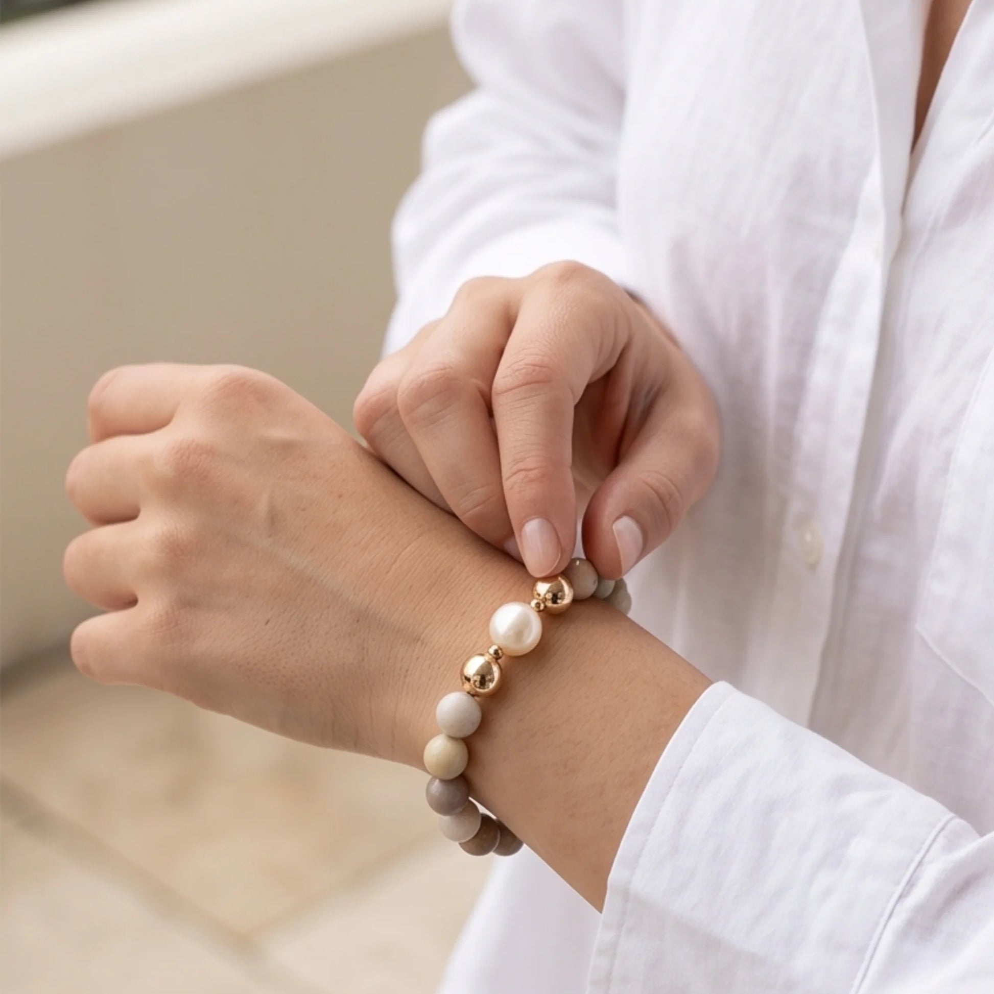 MXW Jewellery Personalised Alashan agate bracelet with freshwater pearl, gold-filled beads and a stamped initial disc.