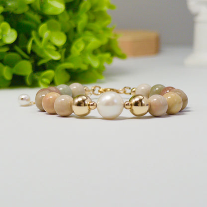 MXW Jewellery Personalised Alashan agate bracelet with freshwater pearl, gold-filled beads and a stamped initial disc.