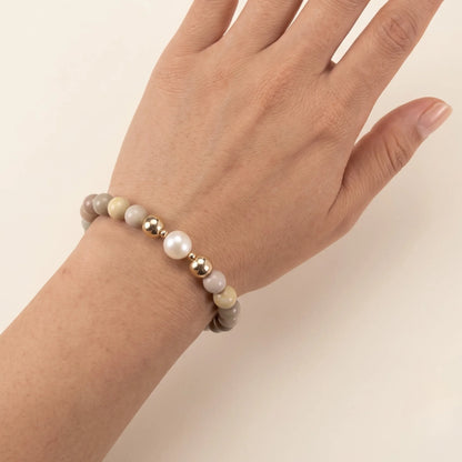 MXW Jewellery Personalised Alashan agate bracelet with freshwater pearl, gold-filled beads and a stamped initial disc.