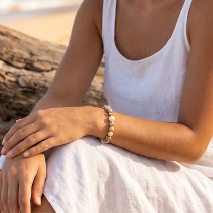 MXW Jewellery Personalised Alashan agate bracelet with freshwater pearl, gold-filled beads and a stamped initial disc.