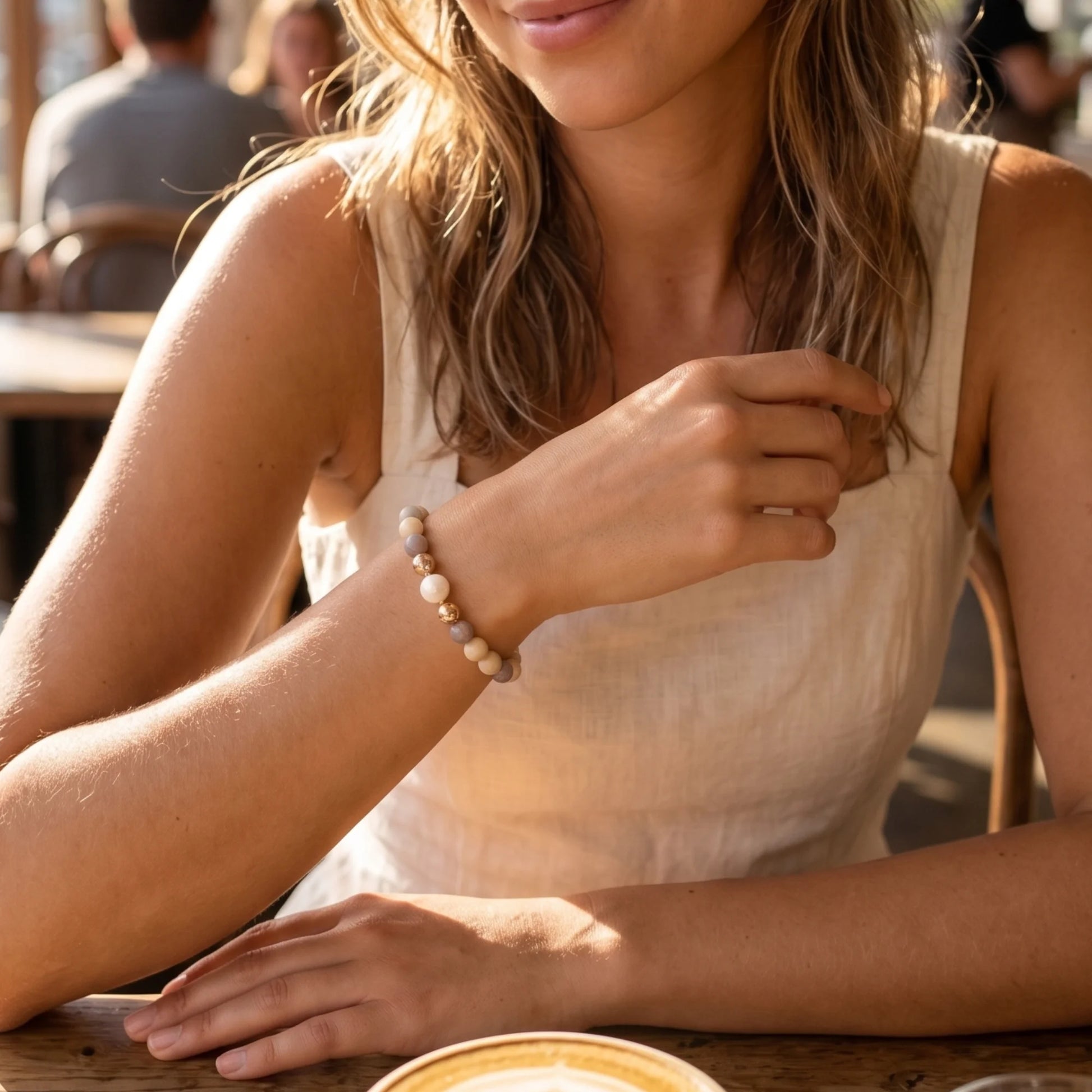 MXW Jewellery Personalised Alashan agate bracelet with freshwater pearl, gold-filled beads and a stamped initial disc.