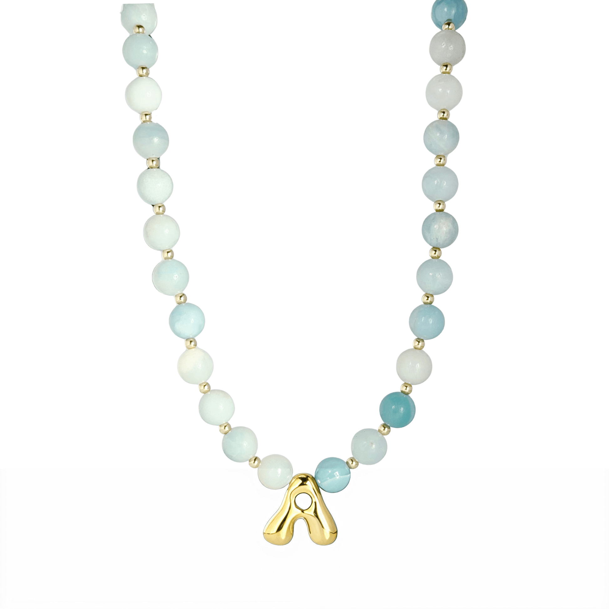 Amazonite beaded necklace with gold bubble initial pendant and gold filled spacer beads by MXW Jewellery