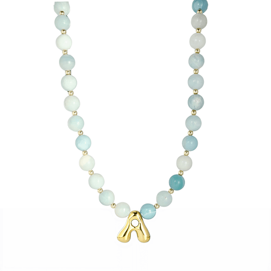 Amazonite beaded necklace with gold bubble initial pendant and gold filled spacer beads by MXW Jewellery