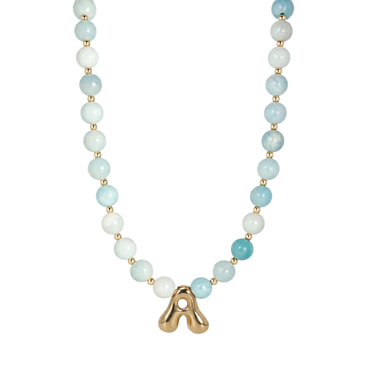 Amazonite beaded necklace with gold bubble initial pendant and gold filled spacer beads by MXW Jewellery