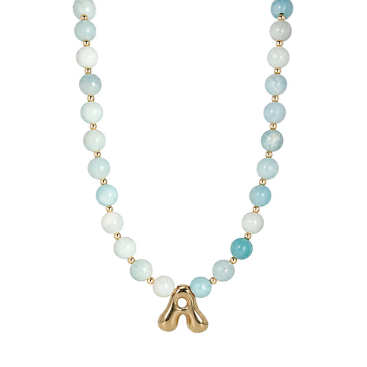 Amazonite beaded necklace with gold bubble initial pendant and gold filled spacer beads by MXW Jewellery