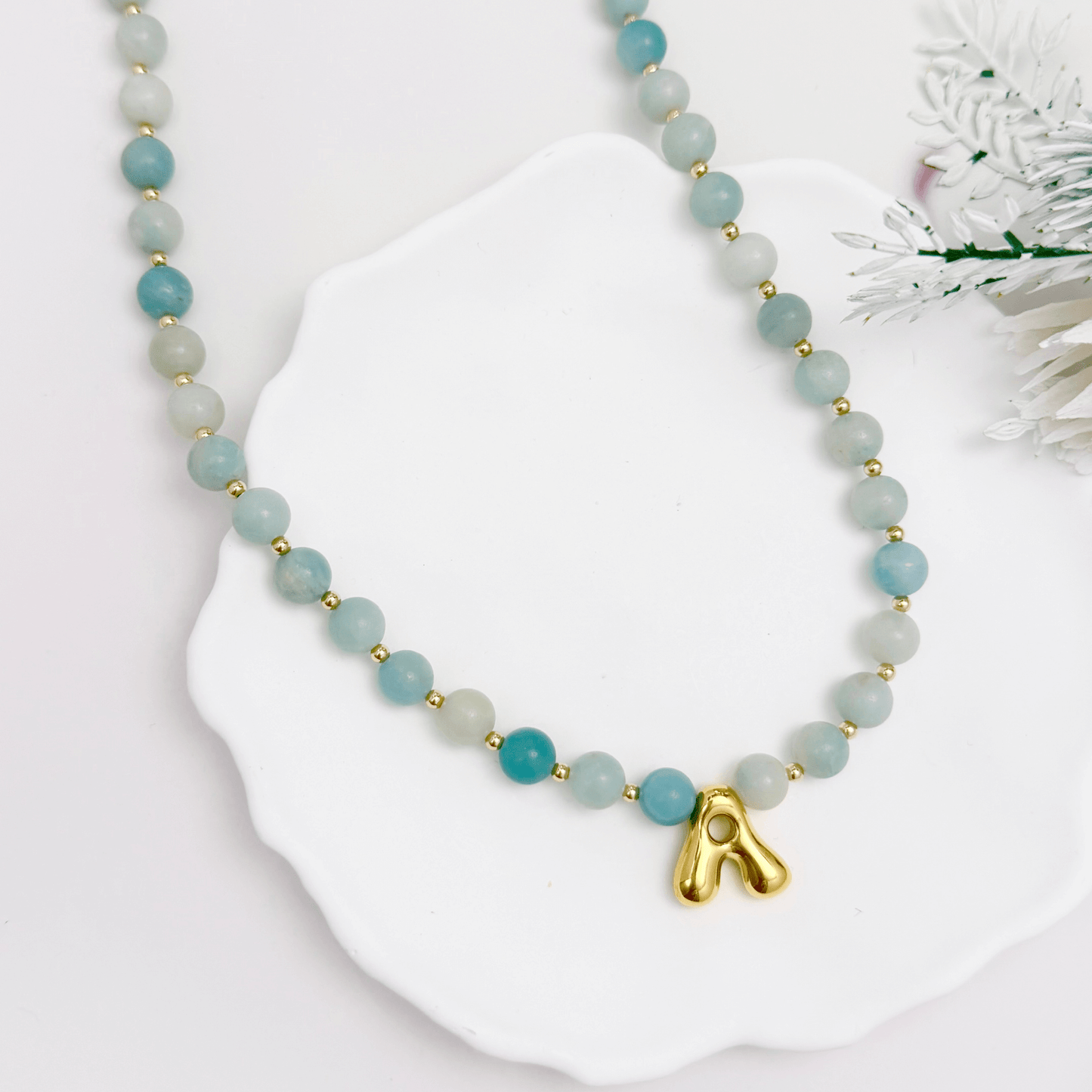 Amazonite beaded necklace with gold bubble initial pendant and gold filled spacer beads by MXW Jewellery