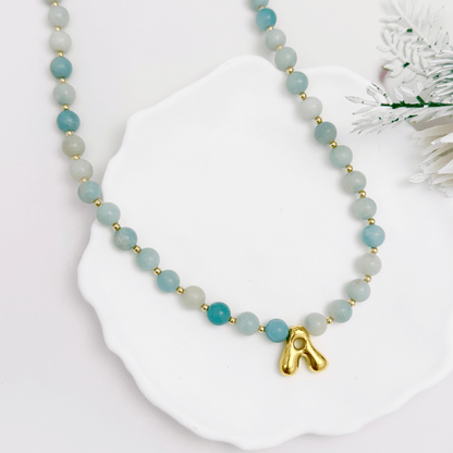 Amazonite beaded necklace with gold bubble initial pendant and gold filled spacer beads by MXW Jewellery