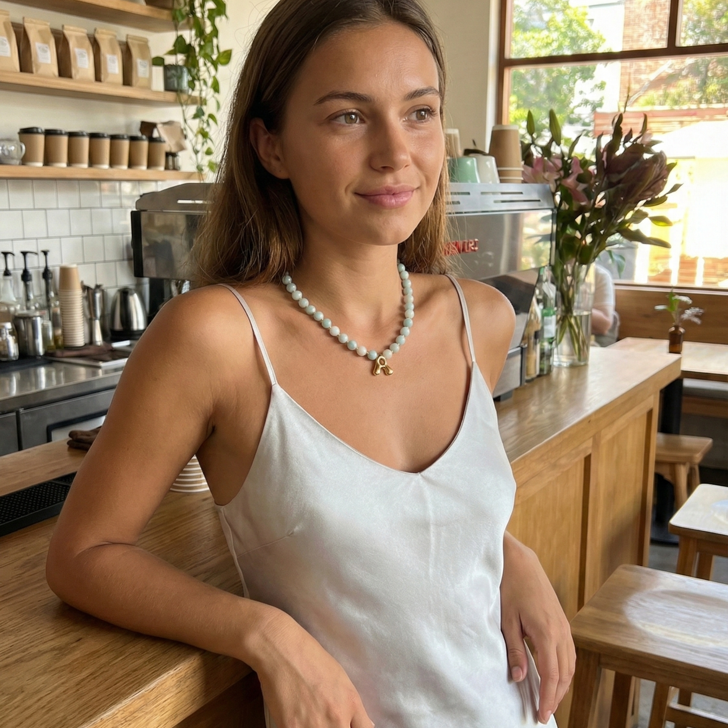 Amazonite beaded necklace with gold bubble initial pendant and gold filled spacer beads by MXW Jewellery