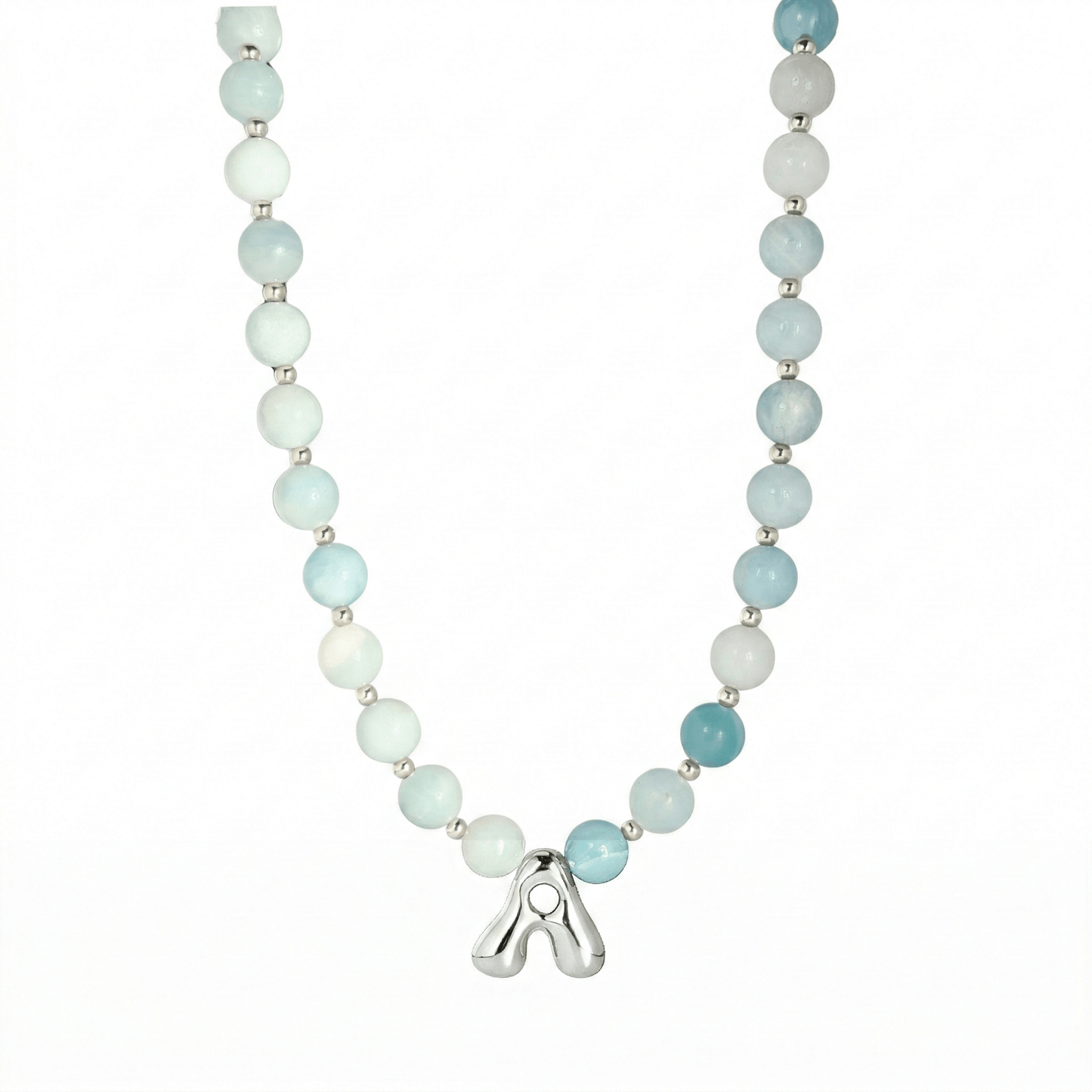 Natural amazonite and 925 sterling silver beaded necklace with personalised bubble initial charm, hand-finished in Australia