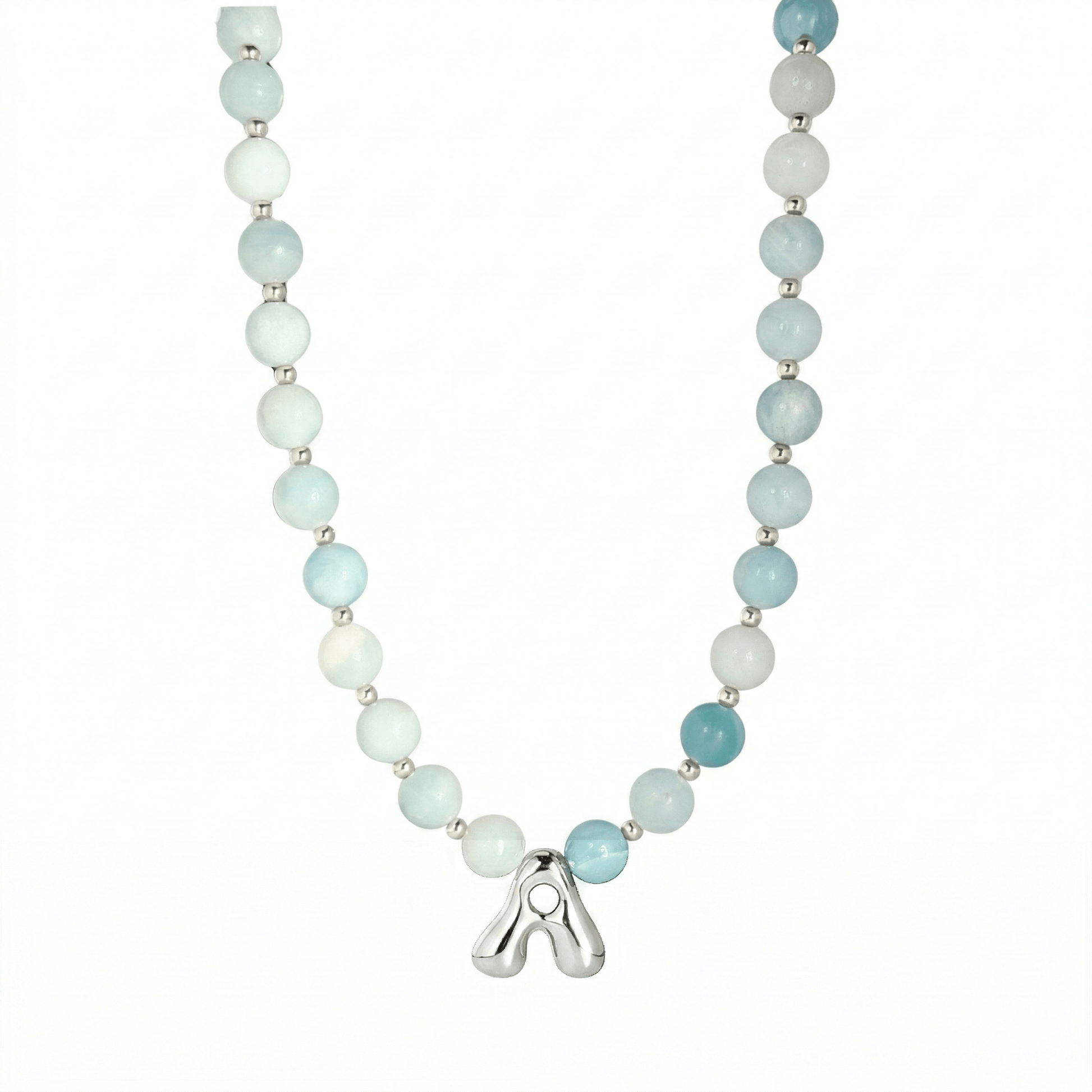Natural amazonite and 925 sterling silver beaded necklace with personalised bubble initial charm, hand-finished in Australia