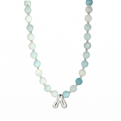 Natural amazonite and 925 sterling silver beaded necklace with personalised bubble initial charm, hand-finished in Australia