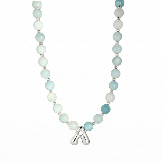 Natural amazonite and 925 sterling silver beaded necklace with personalised bubble initial charm, hand-finished in Australia