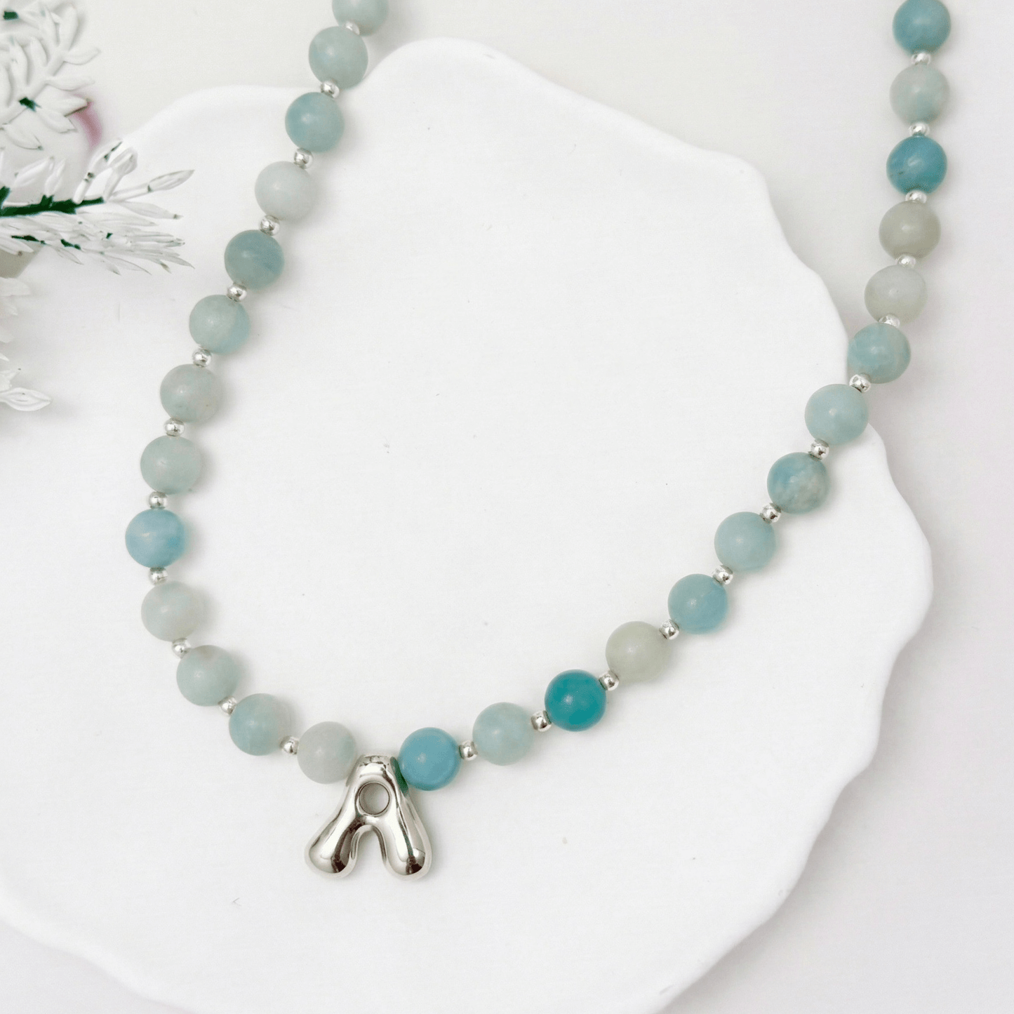 Natural amazonite and 925 sterling silver beaded necklace with personalised bubble initial charm, hand-finished in Australia