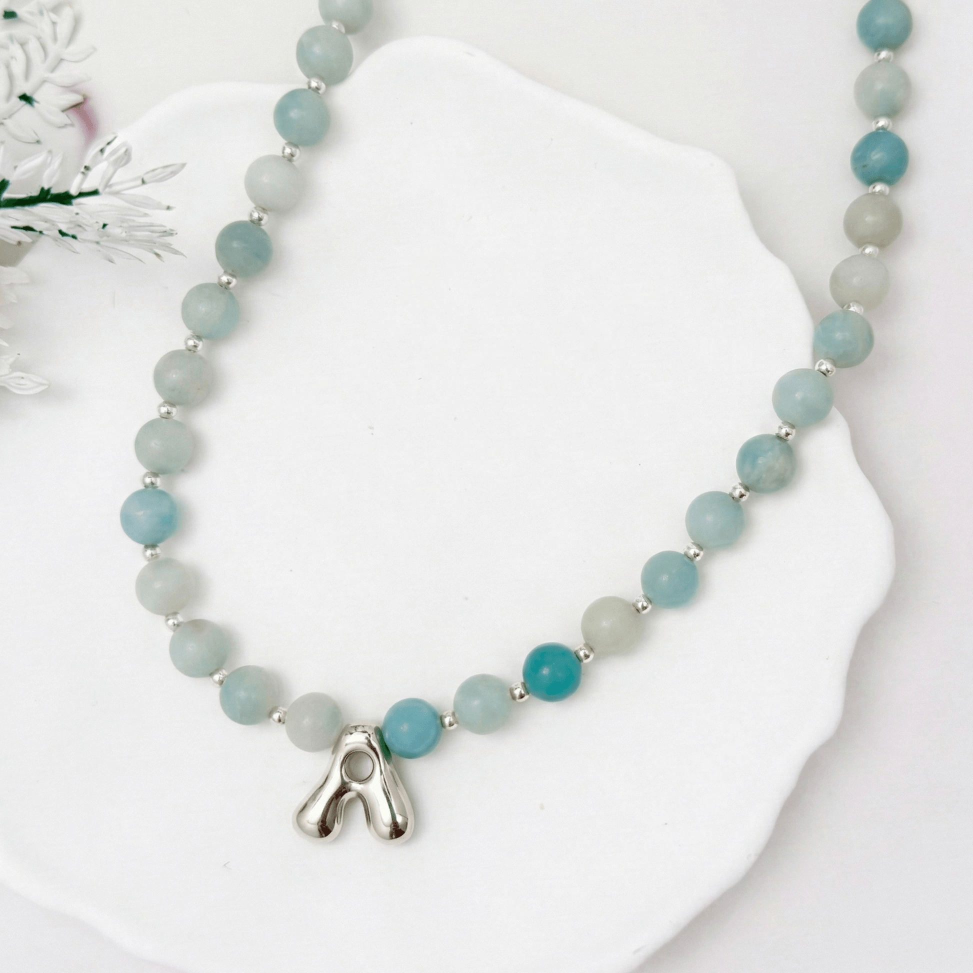 Natural amazonite and 925 sterling silver beaded necklace with personalised bubble initial charm, hand-finished in Australia