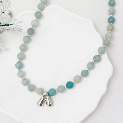 Natural amazonite and 925 sterling silver beaded necklace with personalised bubble initial charm, hand-finished in Australia