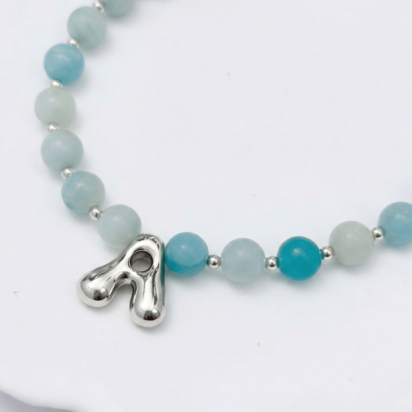 Natural amazonite and 925 sterling silver beaded necklace with personalised bubble initial charm, hand-finished in Australia