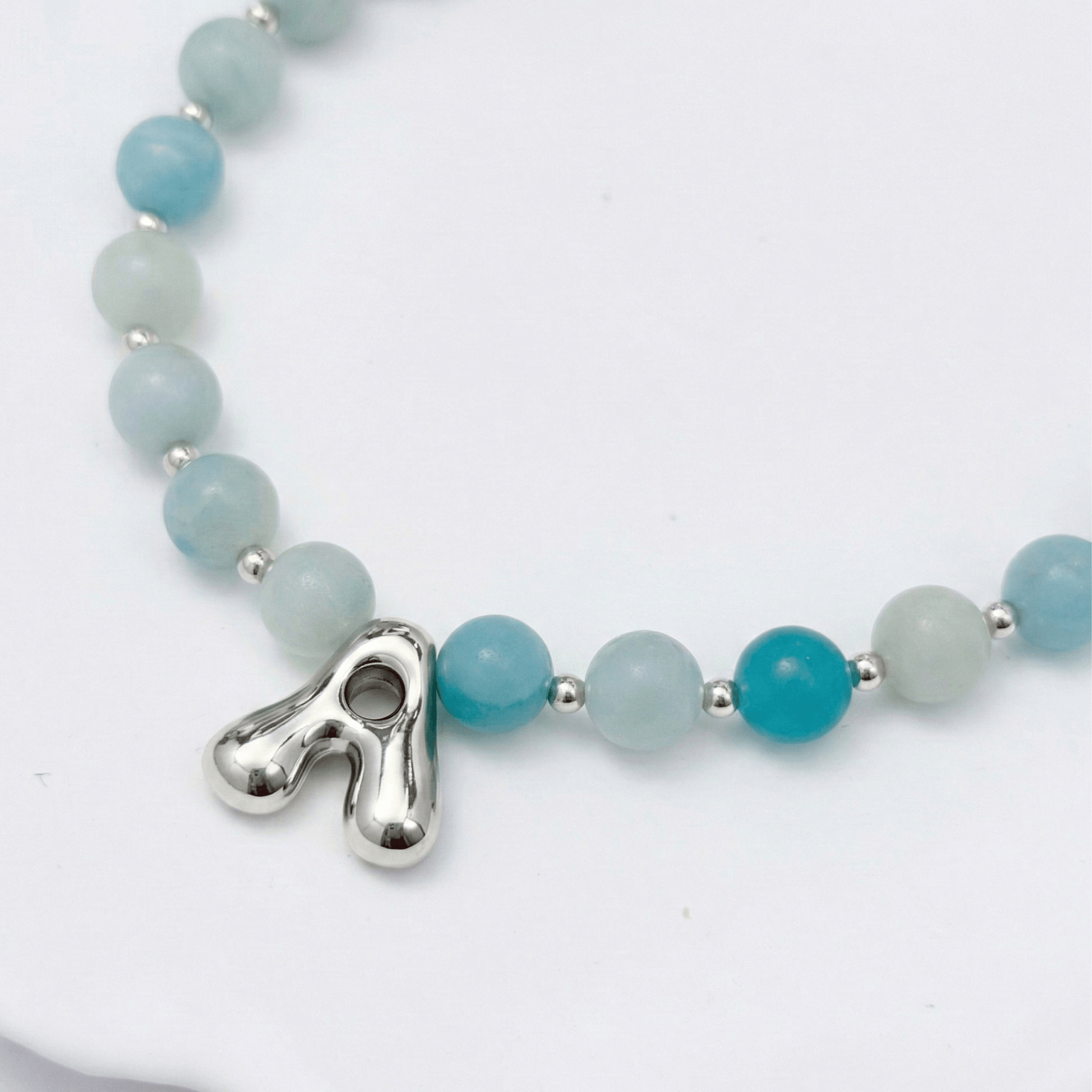 Natural amazonite and 925 sterling silver beaded necklace with personalised bubble initial charm, hand-finished in Australia