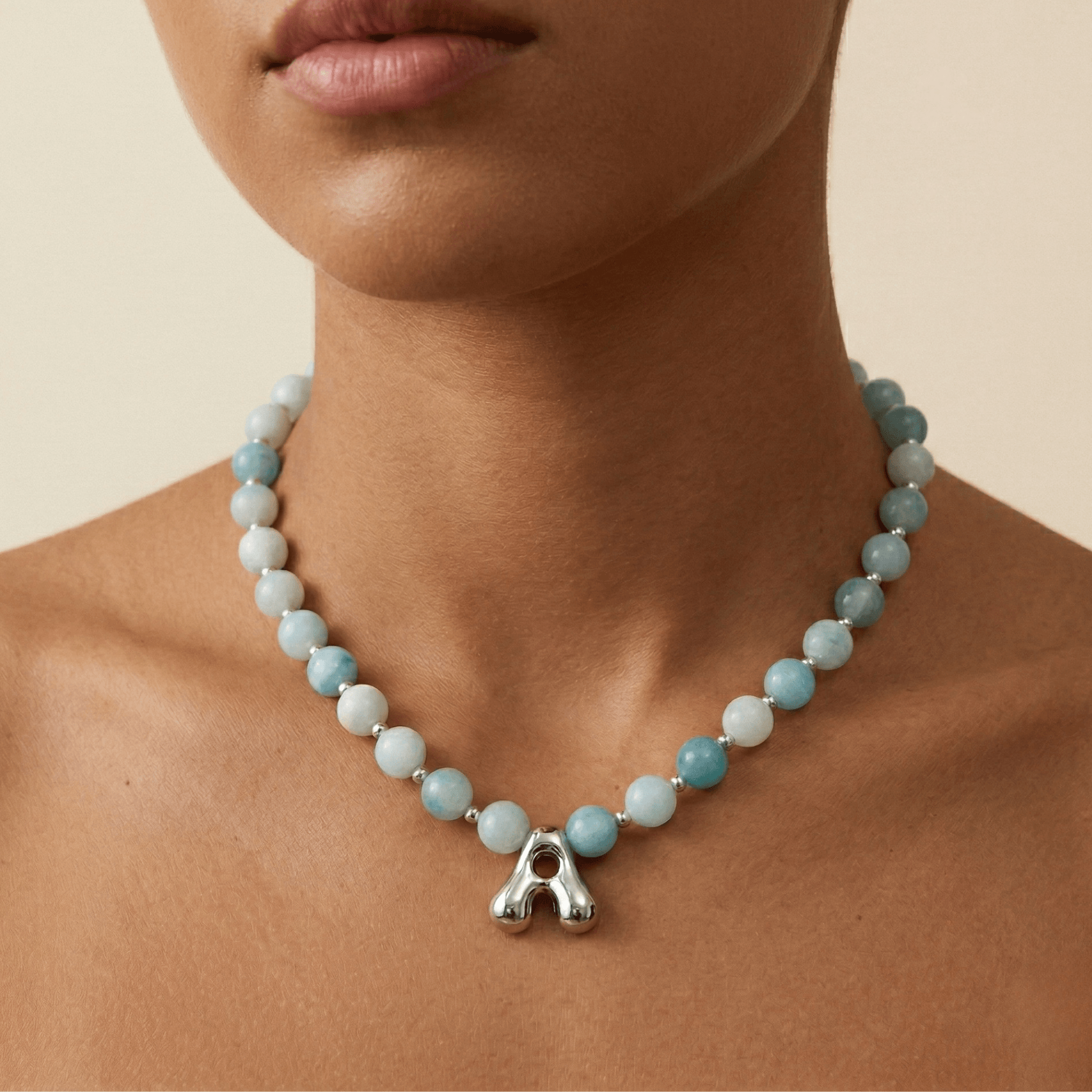 Natural amazonite and 925 sterling silver beaded necklace with personalised bubble initial charm, hand-finished in Australia