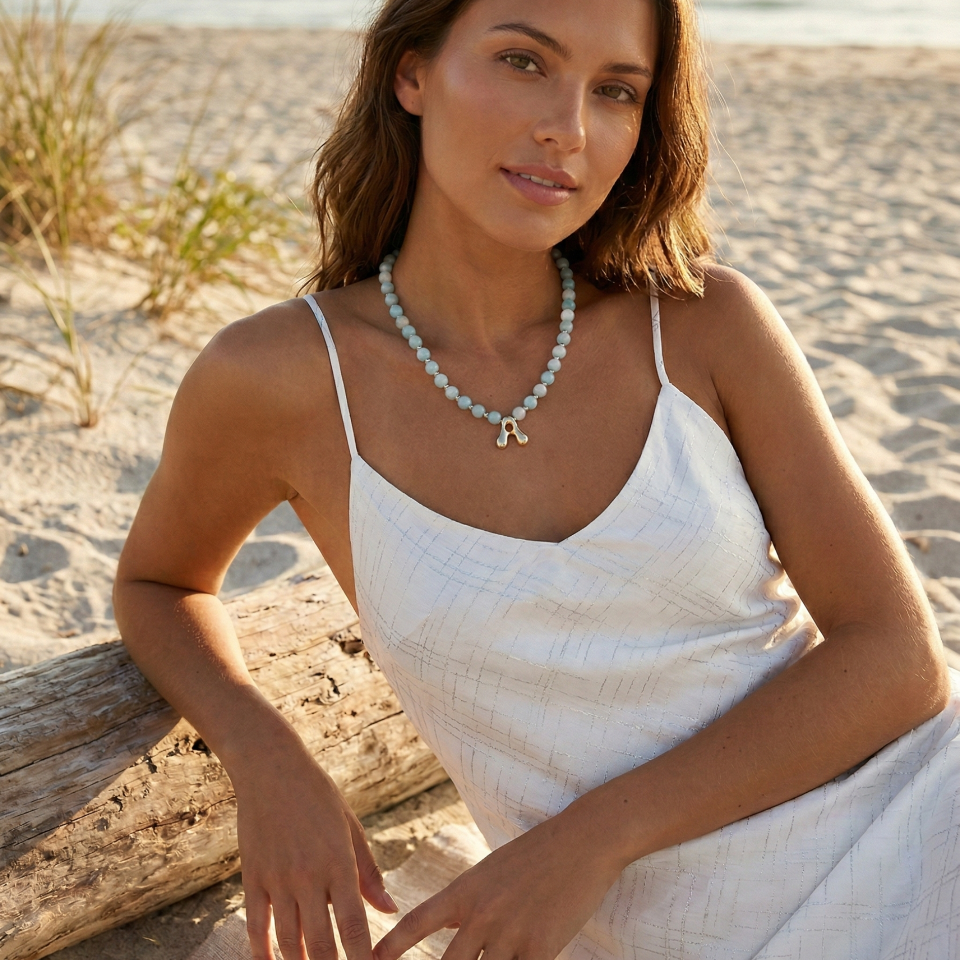 Natural amazonite and 925 sterling silver beaded necklace with personalised bubble initial charm, hand-finished in Australia
