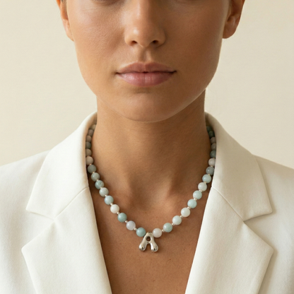 Natural amazonite and 925 sterling silver beaded necklace with personalised bubble initial charm, hand-finished in Australia