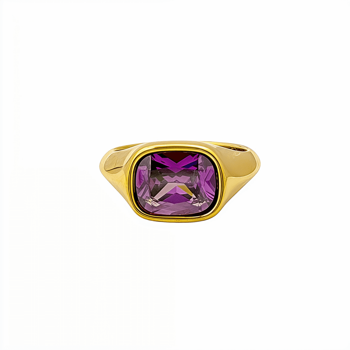 Gold ring with a cushion-cut amethyst-purple zircon gemstone.
