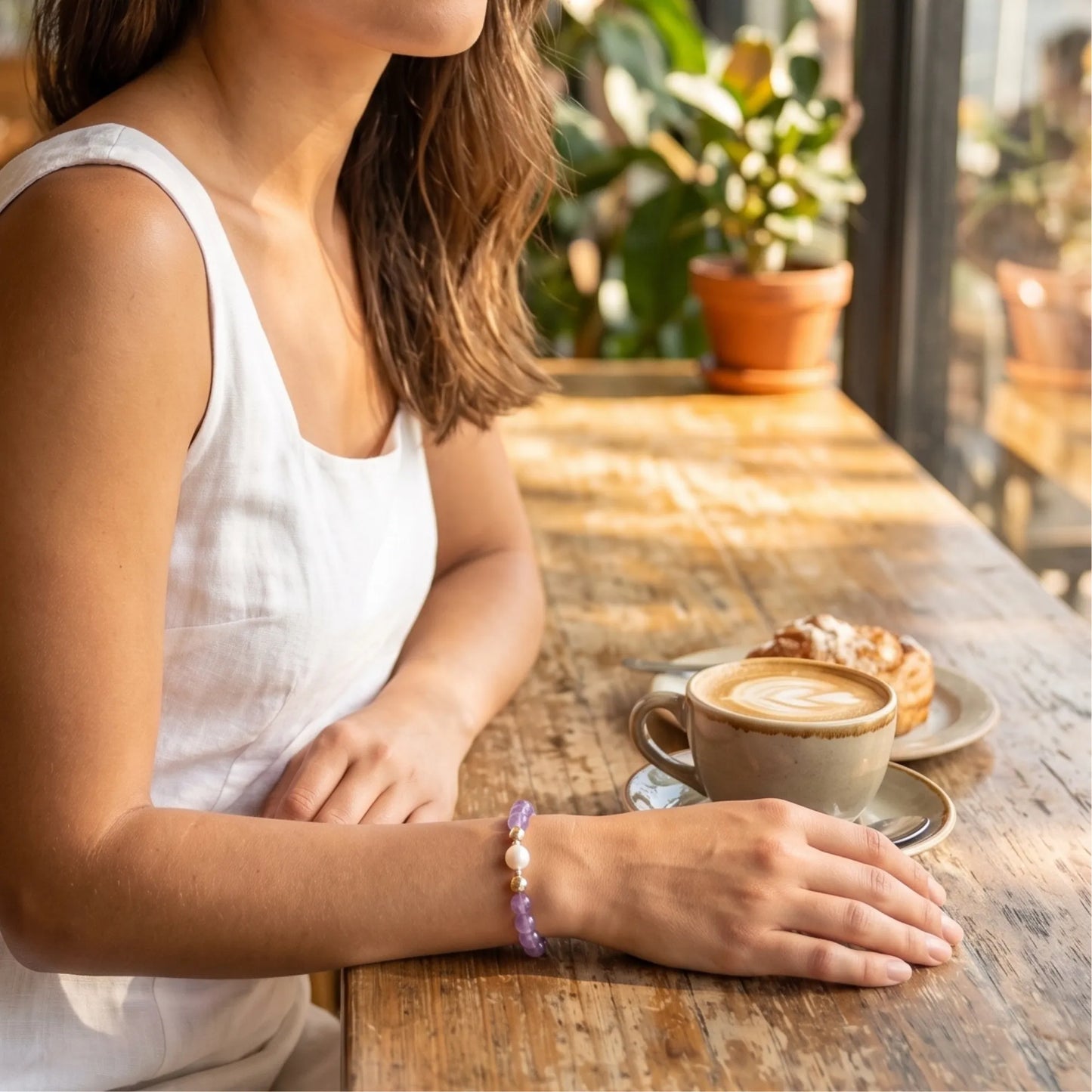 A beaded bracelet featuring Amethyst beads, premium freshwater pearl, and stamped initial disc, 14k gold filled. MXW Jewellery.