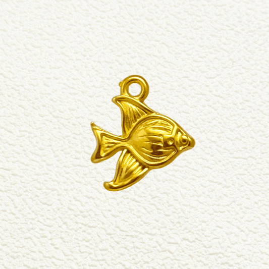 Gold angelfish charm with a smooth surface and detailed fin design