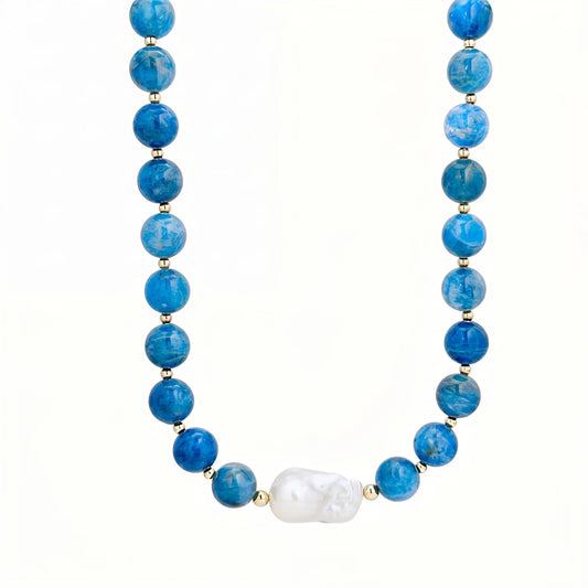Natural apatite and 14K gold filled beaded necklace with premium freshwater baroque pearl centrepiece, hand-finished in Australia