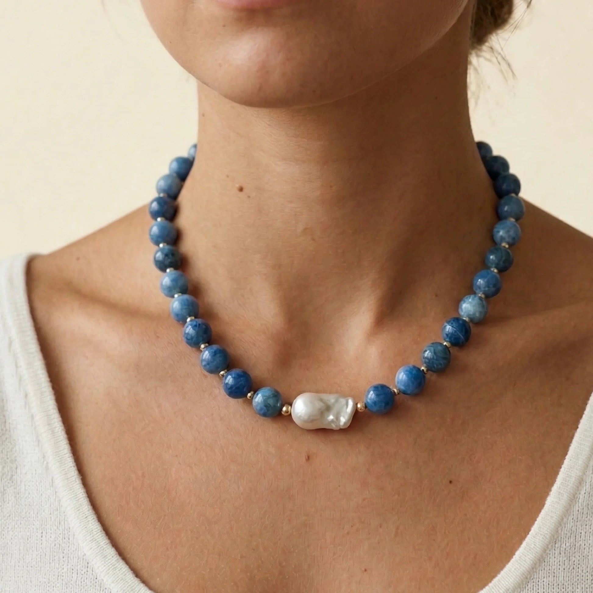 Natural apatite and 14K gold filled beaded necklace with premium freshwater baroque pearl centrepiece, hand-finished in Australia