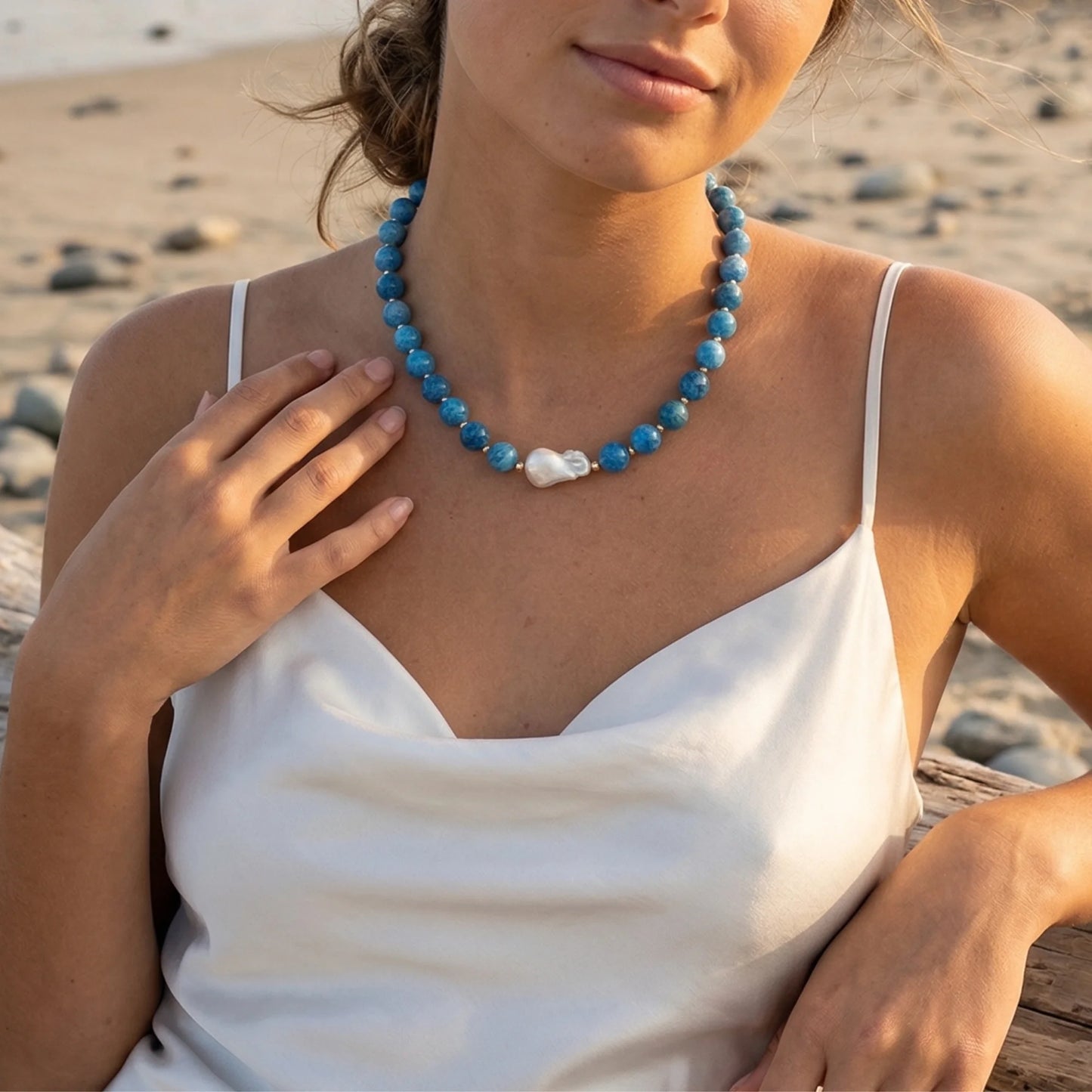 Natural apatite and 14K gold filled beaded necklace with premium freshwater baroque pearl centrepiece, hand-finished in Australia