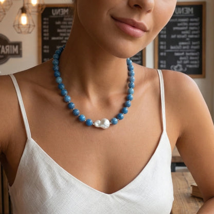 Natural apatite and 14K gold filled beaded necklace with premium freshwater baroque pearl centrepiece, hand-finished in Australia